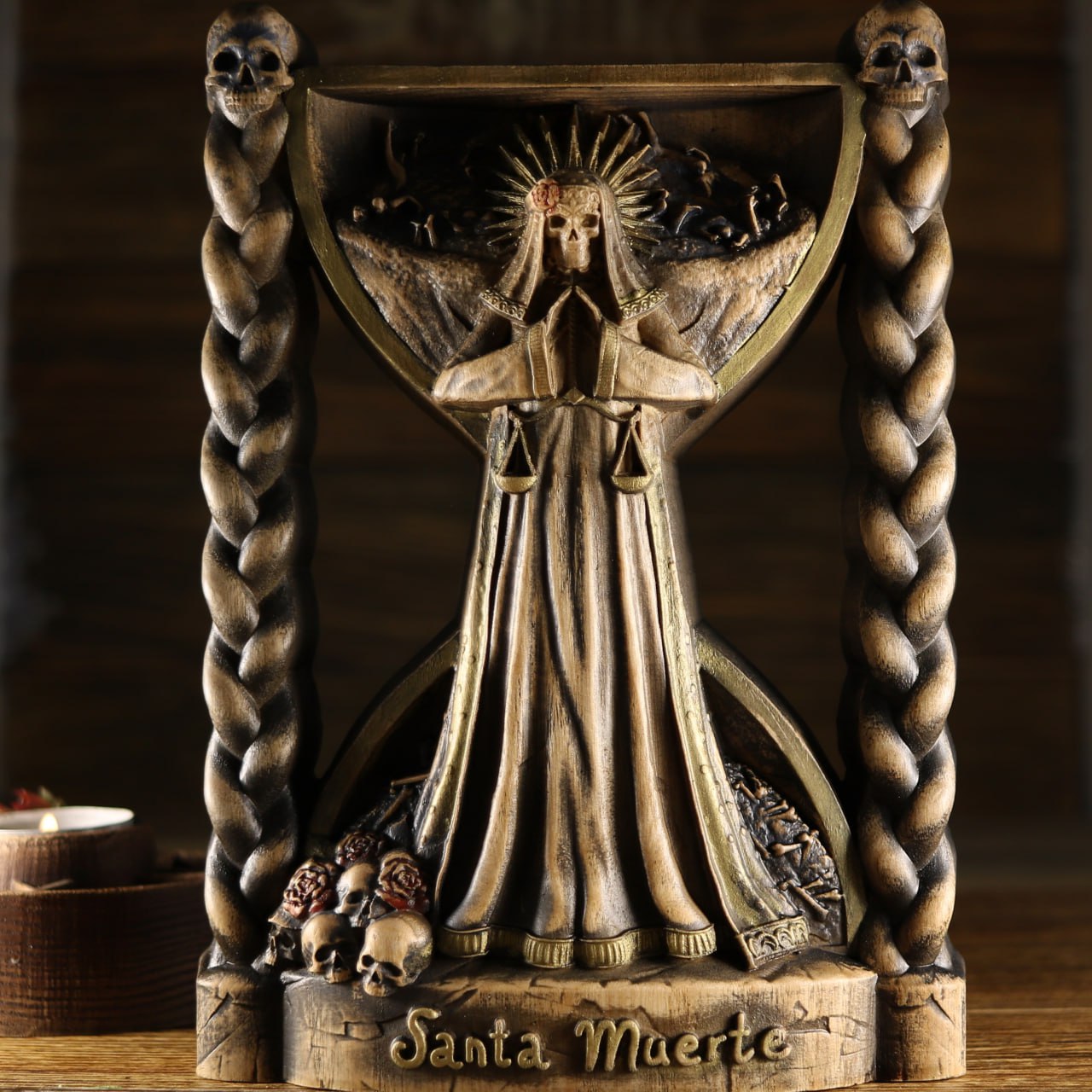 Santa Muerte, Holy death, Satanic Death wooden statue, Wood carving