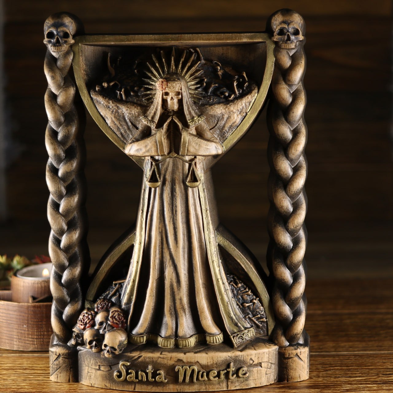 Santa Muerte, Holy death, Satanic Death wooden statue, Wood carving