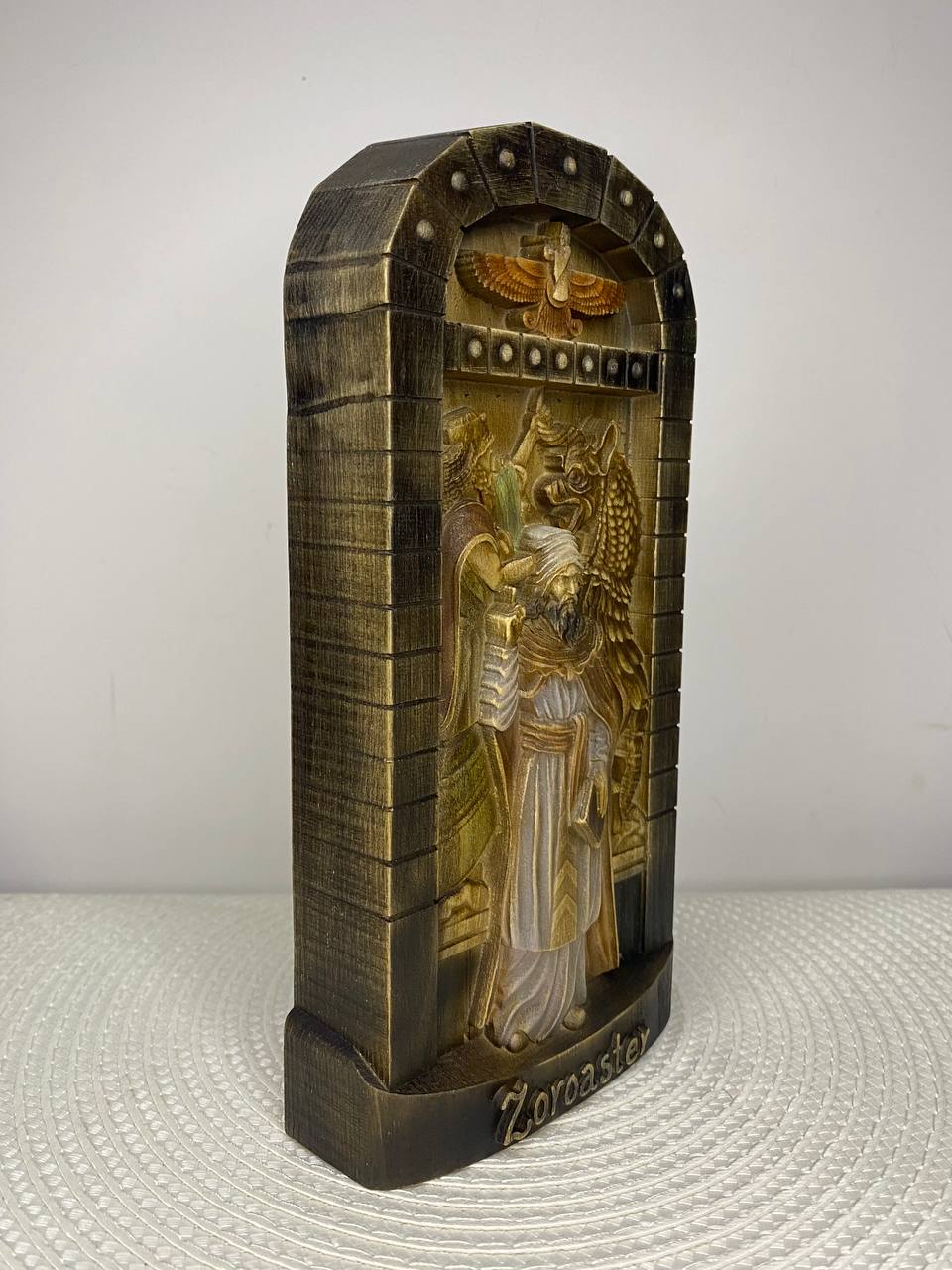 Zoroaster Inspired Wooden Sculpture – Ancient Persia Art Wood Carving, Cultural Collectible