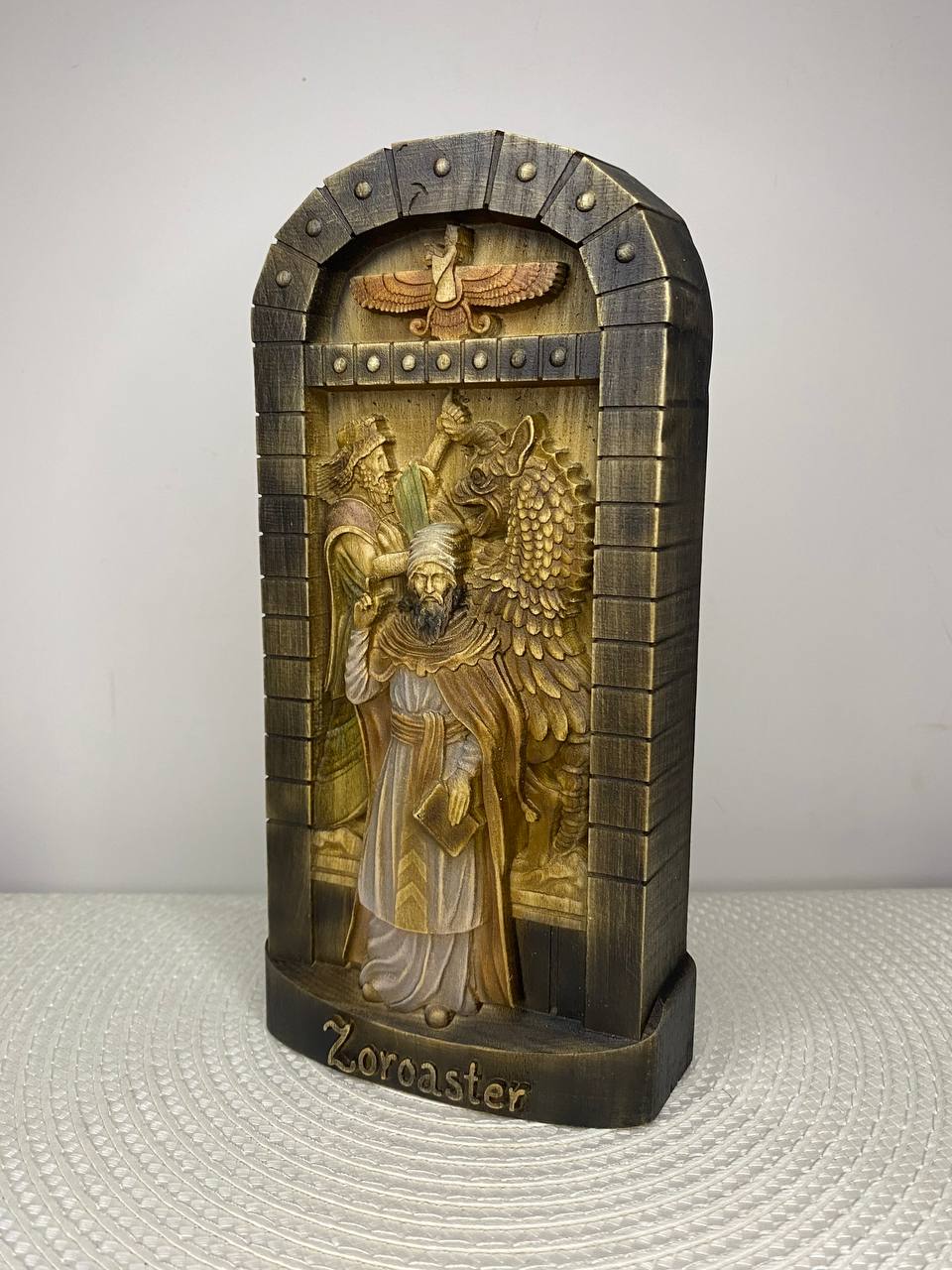 Zoroaster Inspired Wooden Sculpture – Ancient Persia Art Wood Carving, Cultural Collectible