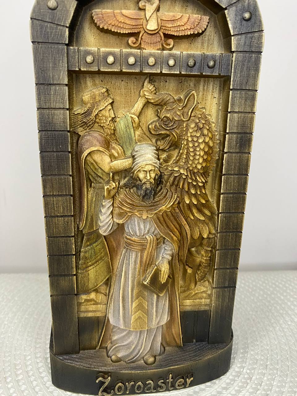 Zoroaster Inspired Wooden Sculpture – Ancient Persia Art Wood Carving, Cultural Collectible