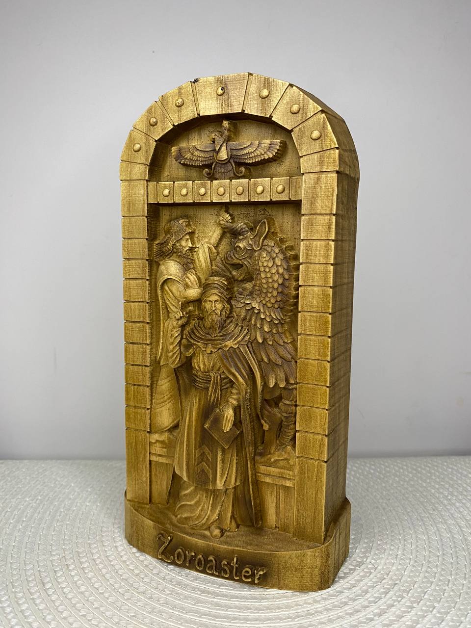 Zoroaster Inspired Wooden Sculpture – Ancient Persia Art Wood Carving, Cultural Collectible
