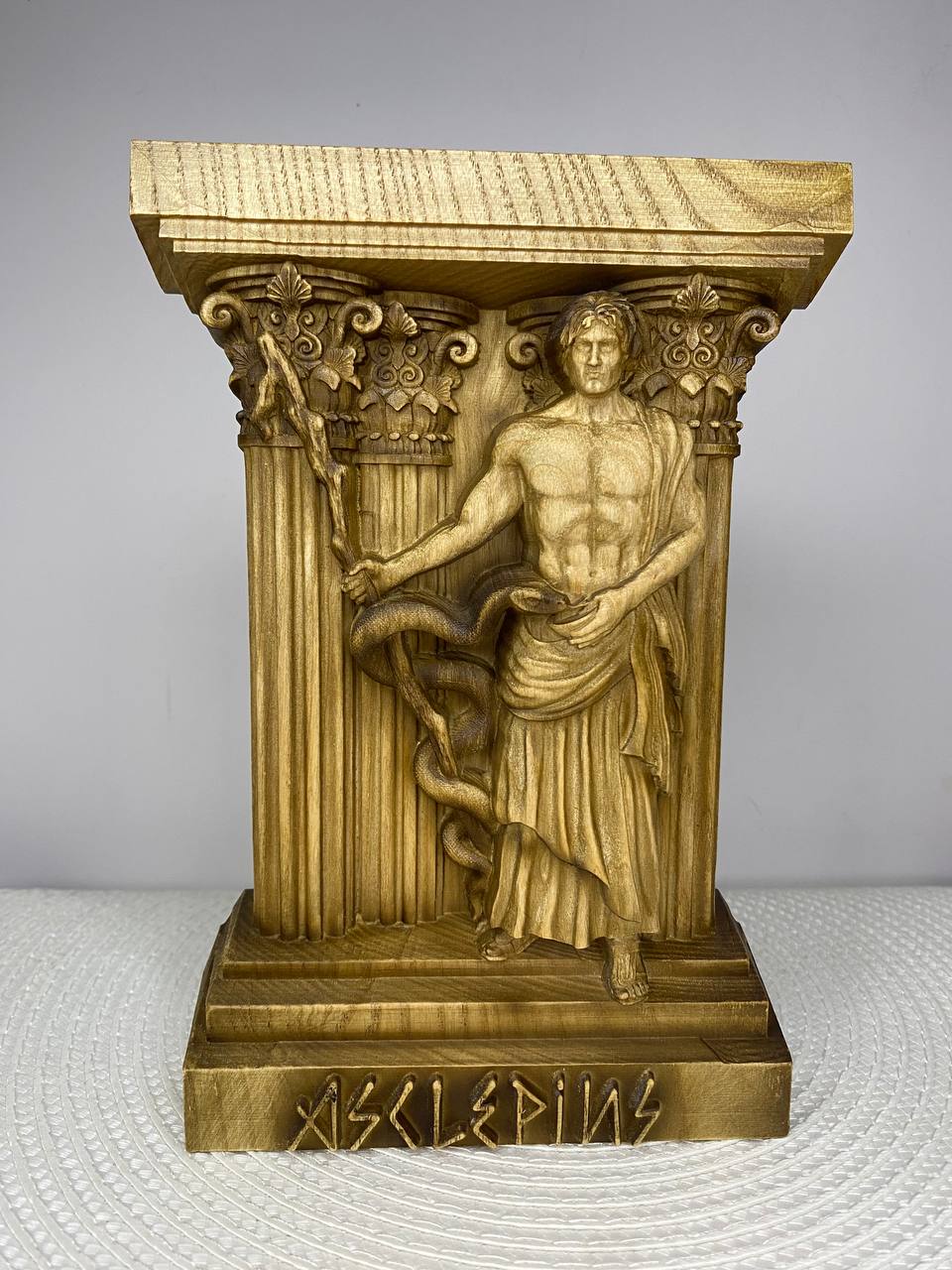 Asclepius Statue — Hand-Carved Ash Wood Greek God of Medicine