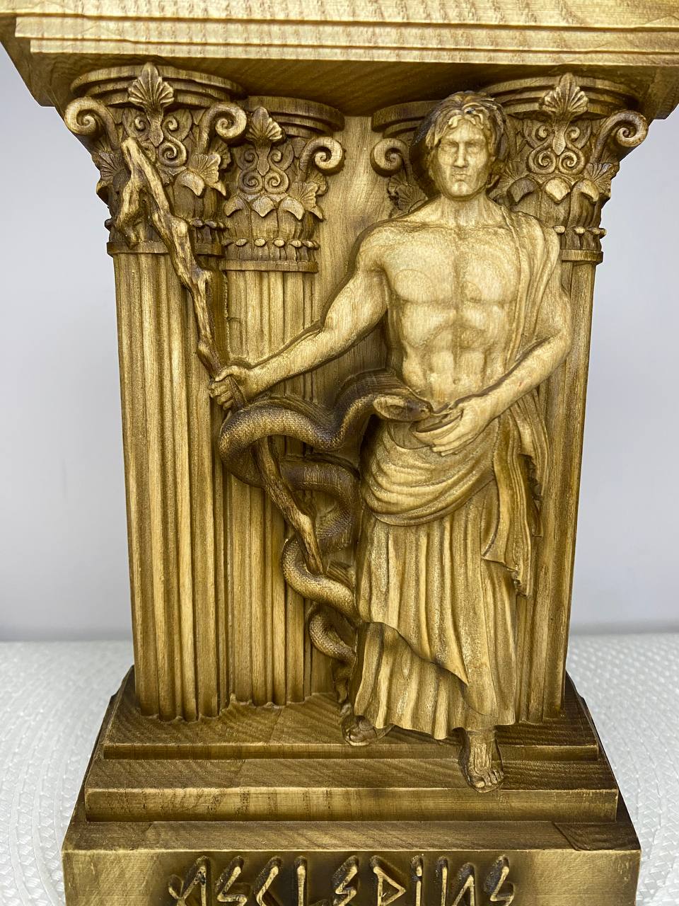 Asclepius Statue — Hand-Carved Ash Wood Greek God of Medicine