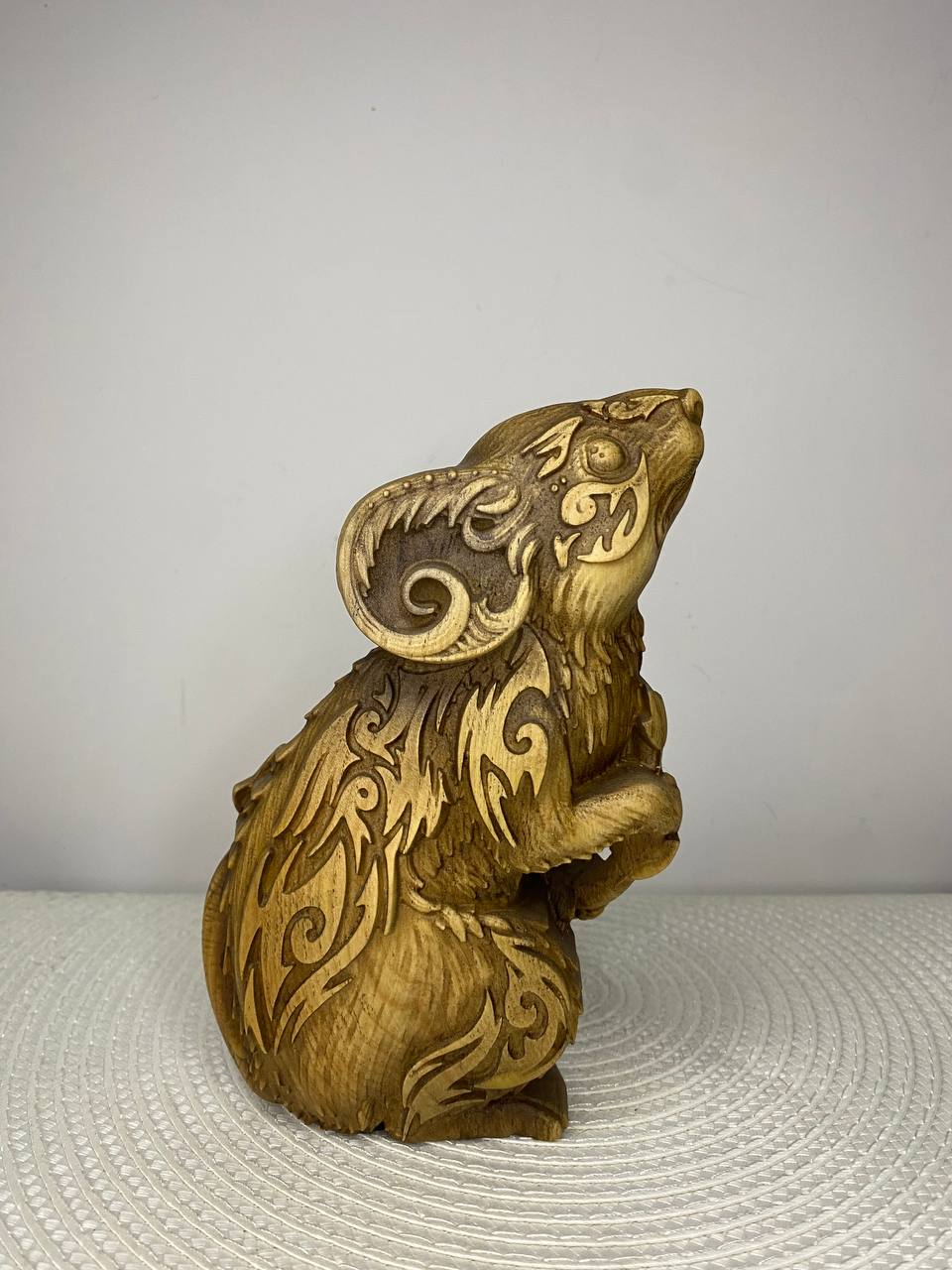 Mouse Wooden Figurine | Hand-Carved Ash Wood Spirit Animal | Abstract Carved Decor