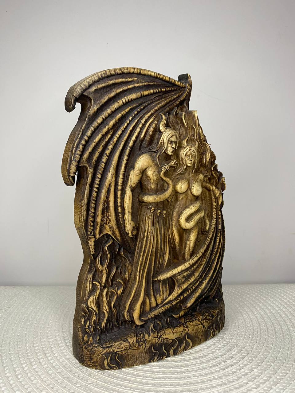 Lucifer & Lilith Wooden Statue – Hand-Carved Ash Wood Fallen Angel & Dark Goddess
