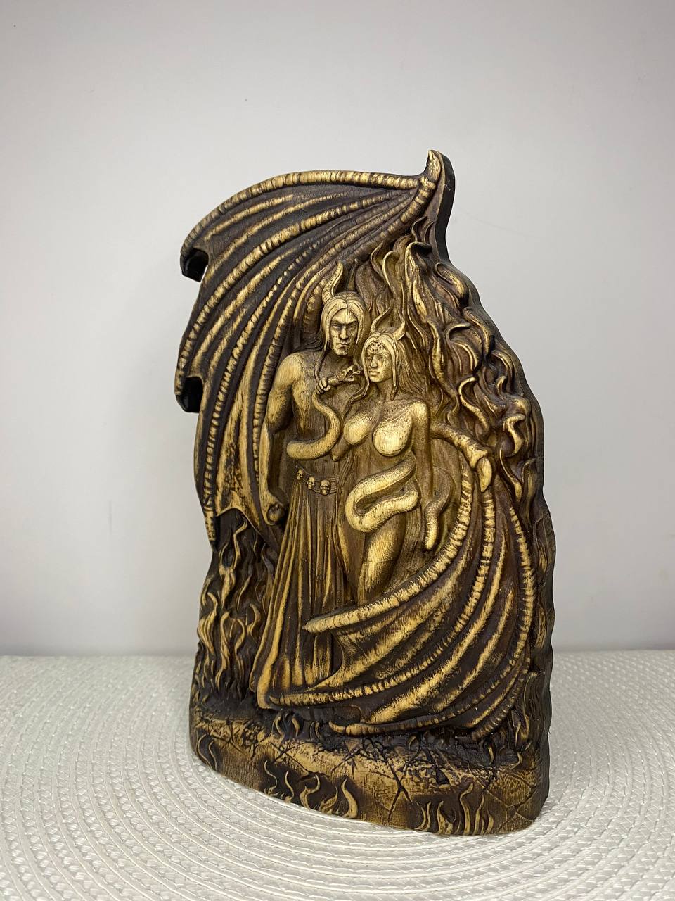 Lucifer & Lilith Wooden Statue – Hand-Carved Ash Wood Fallen Angel & Dark Goddess