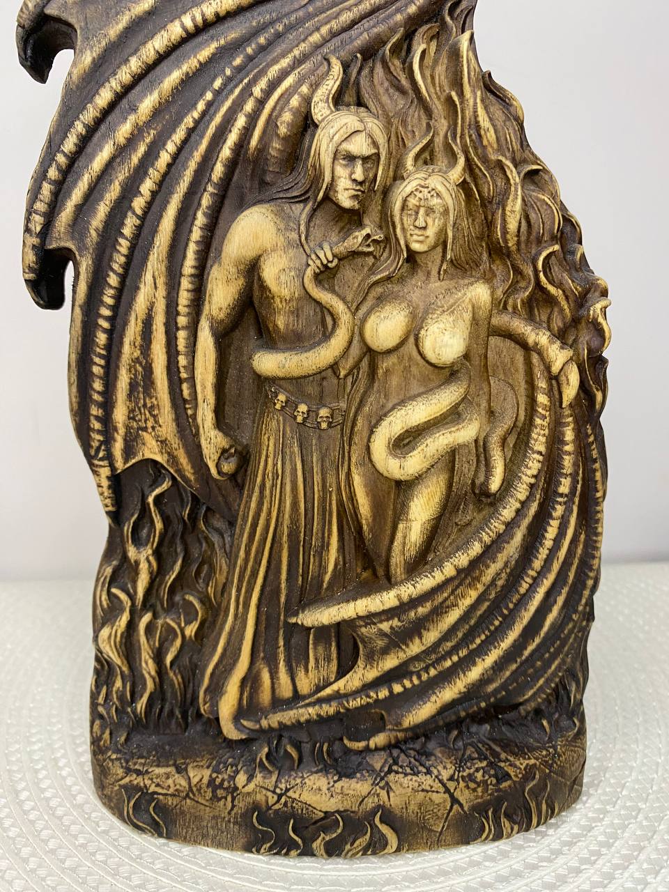 Lucifer & Lilith Wooden Statue – Hand-Carved Ash Wood Fallen Angel & Dark Goddess