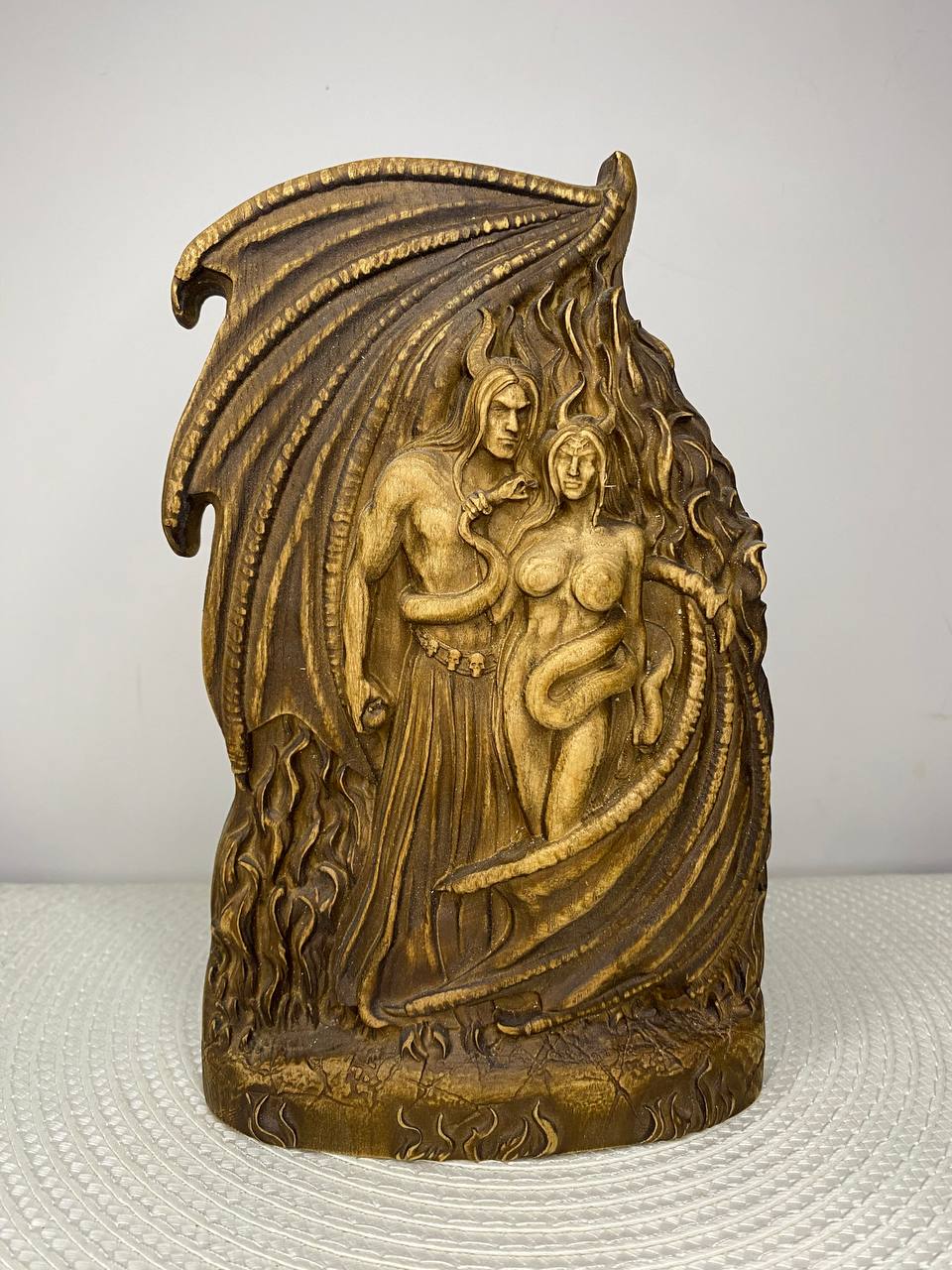 Lucifer & Lilith Wooden Statue – Hand-Carved Ash Wood Fallen Angel & Dark Goddess
