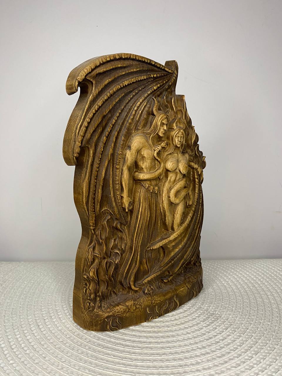 Lucifer & Lilith Wooden Statue – Hand-Carved Ash Wood Fallen Angel & Dark Goddess