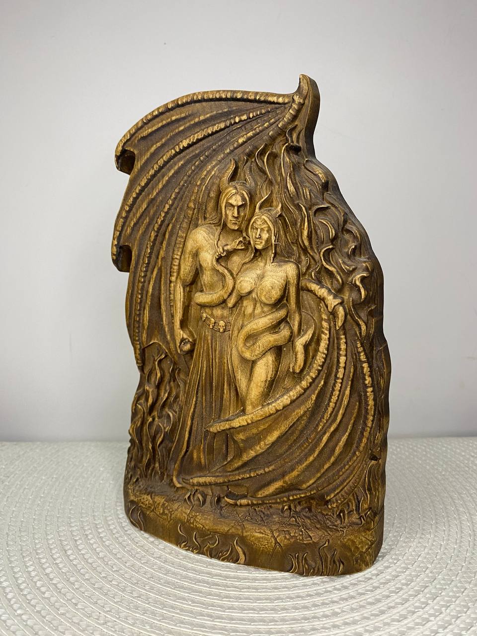 Lucifer & Lilith Wooden Statue – Hand-Carved Ash Wood Fallen Angel & Dark Goddess