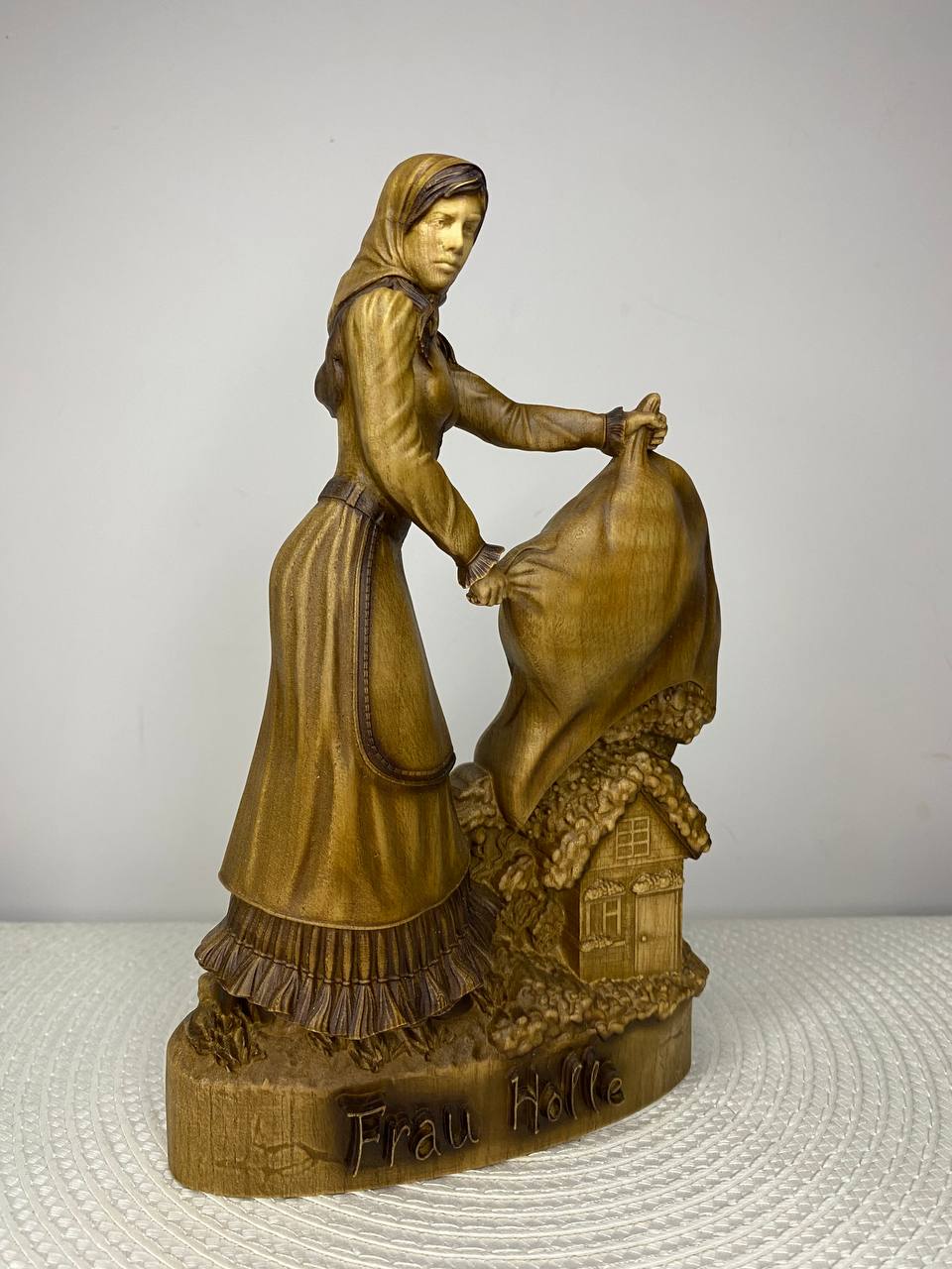 Frau Holle Wooden Statue – Hand-Carved Ash Wood Germanic Goddess of Winter & Home