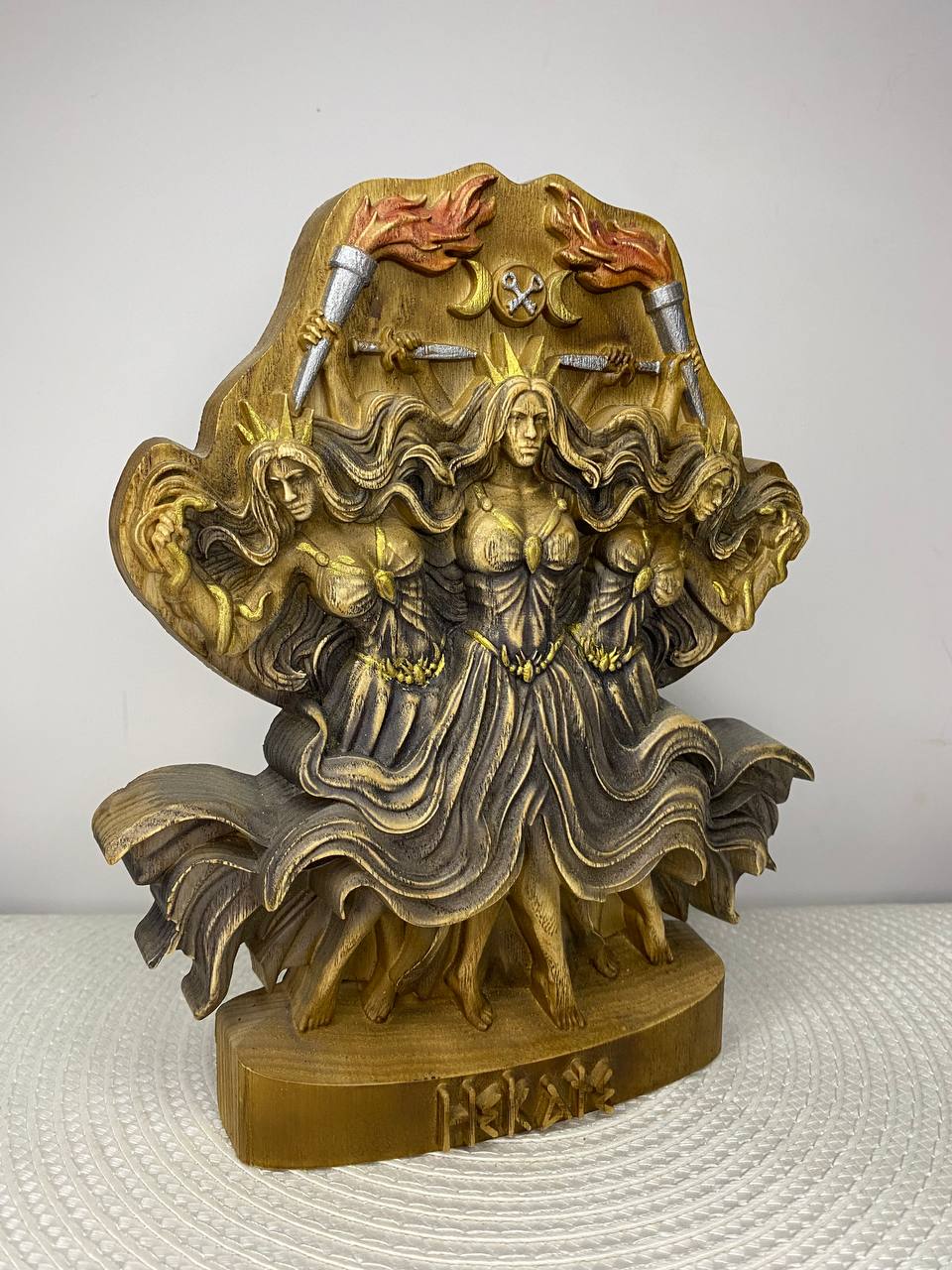 Hecate Statue | Hand-Carved Wood Triple Goddess Greek Witchcraft Altar