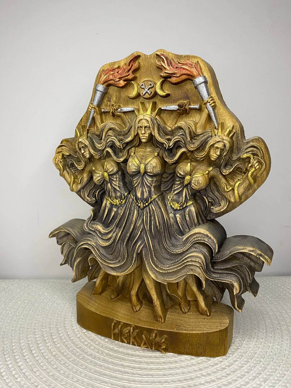 Hecate Statue | Hand-Carved Wood Triple Goddess Greek Witchcraft Altar