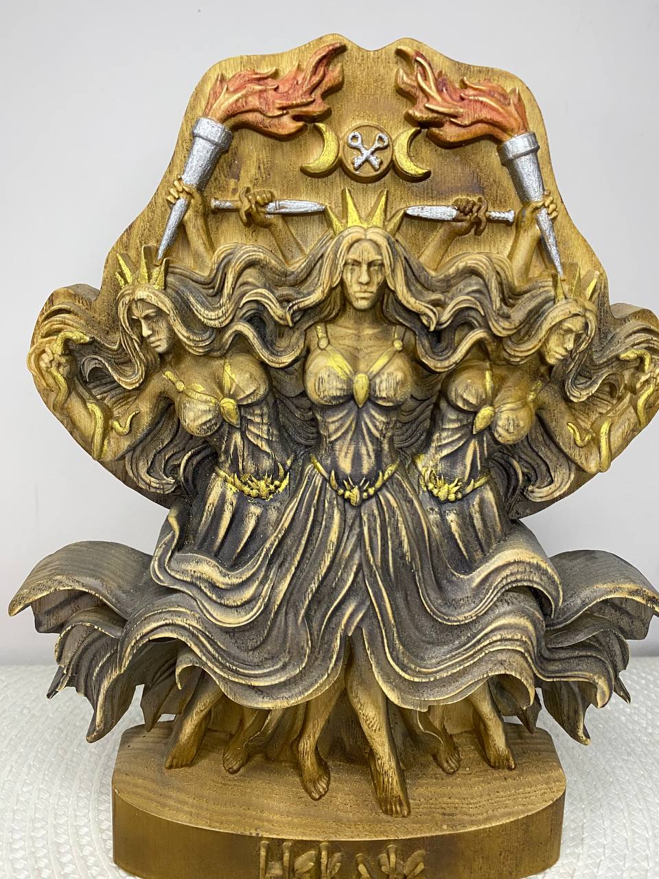 Hecate Statue | Hand-Carved Wood Triple Goddess Greek Witchcraft Altar
