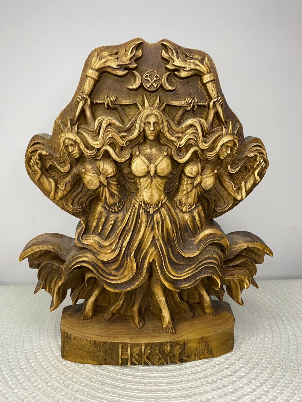 Hecate Statue | Hand-Carved Wood Triple Goddess Greek Witchcraft Altar