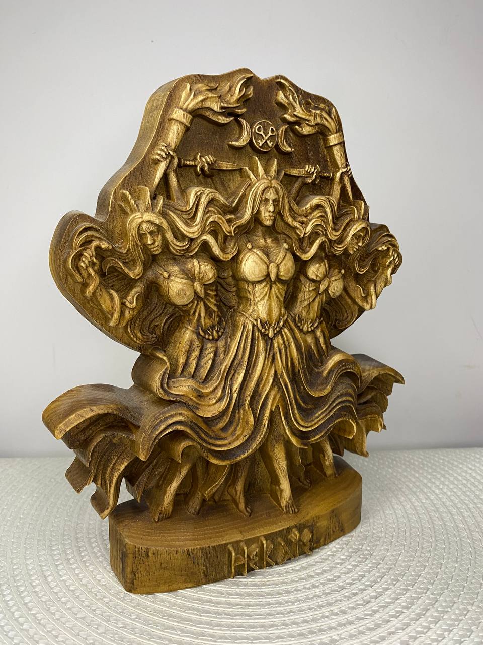 Hecate Statue | Hand-Carved Wood Triple Goddess Greek Witchcraft Altar