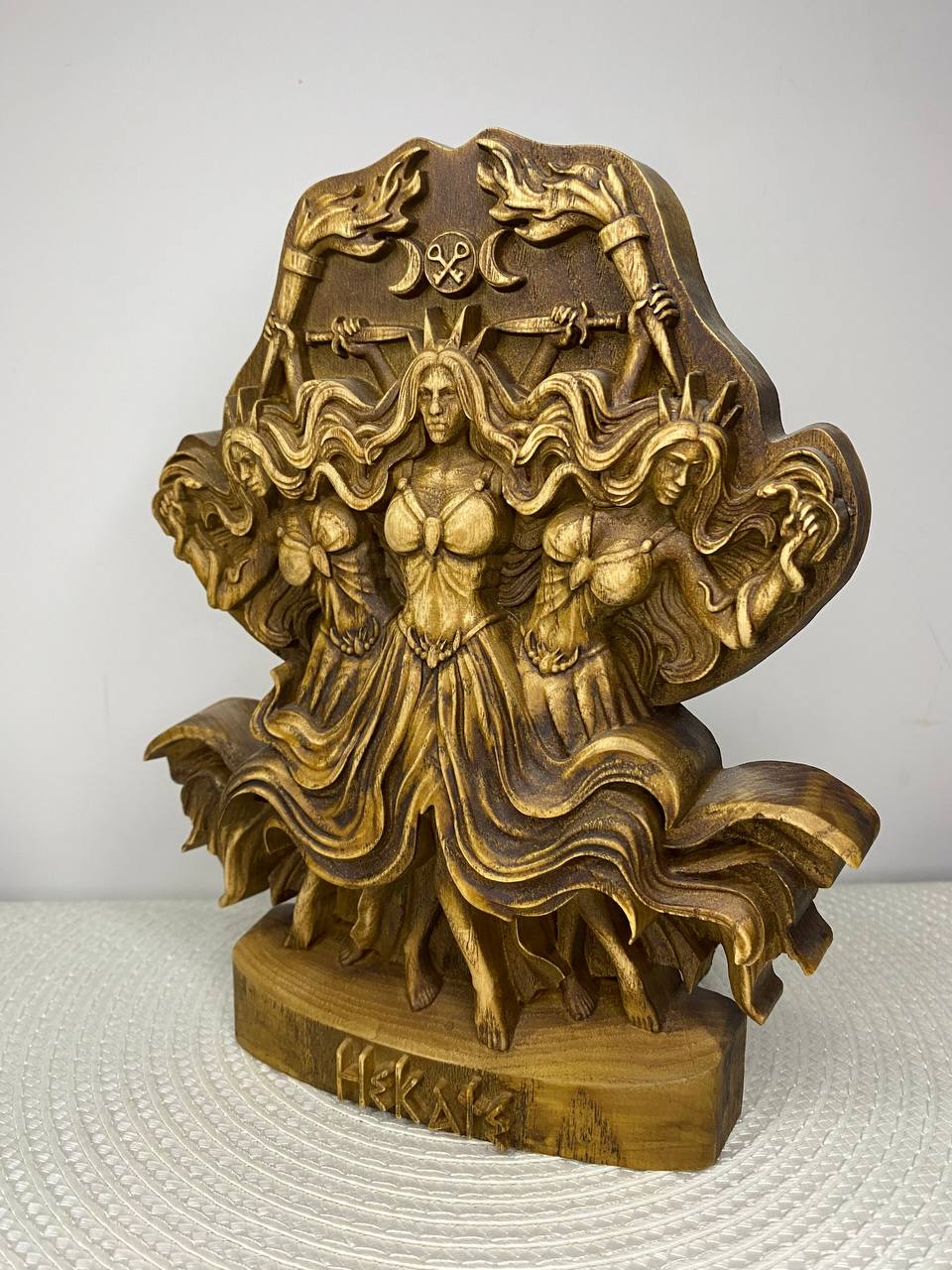 Hecate Statue | Hand-Carved Wood Triple Goddess Greek Witchcraft Altar