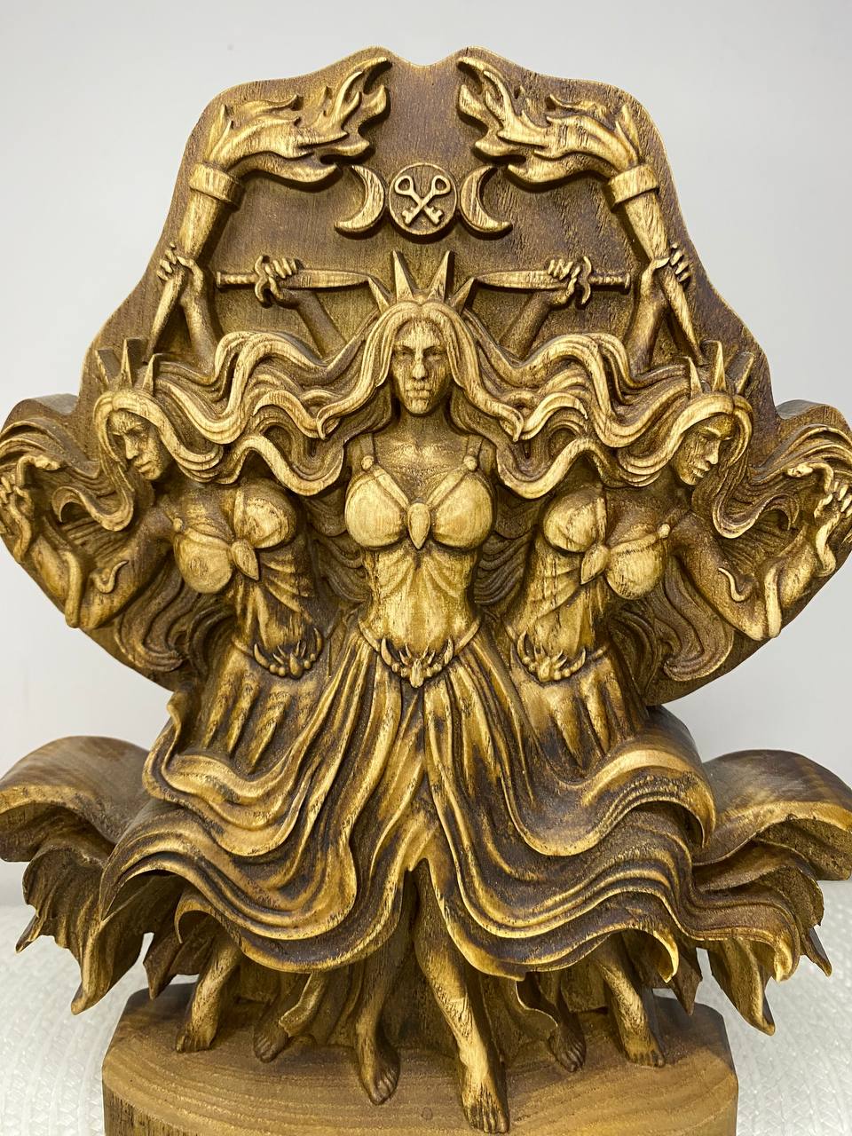 Hecate Statue | Hand-Carved Wood Triple Goddess Greek Witchcraft Altar