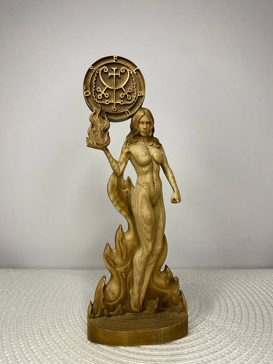 Flauros Wooden Demon Statue with Sigil – Ars Goetia Occult Sculpture Gothic Altar Decor