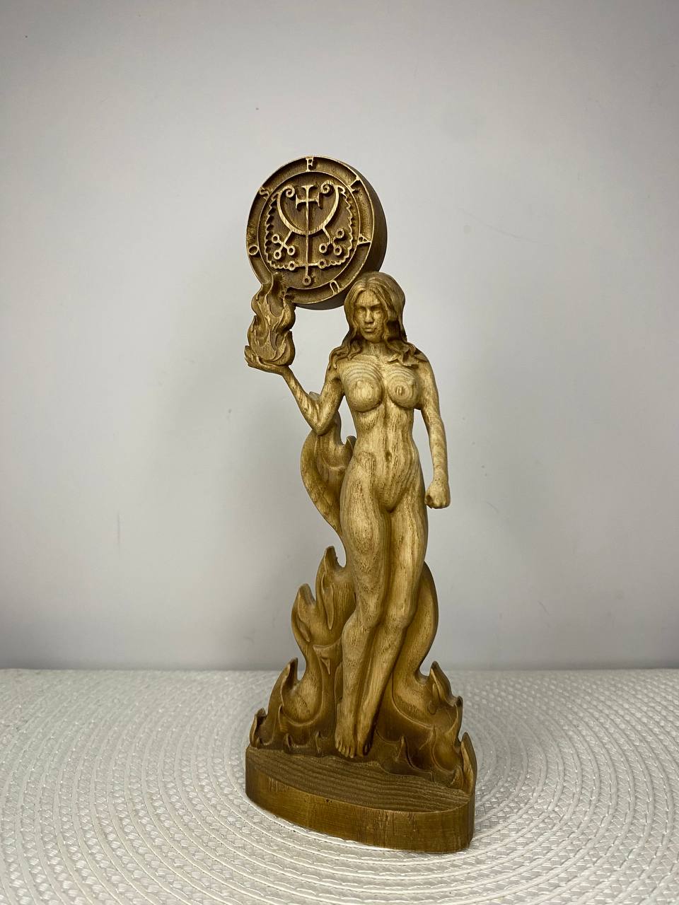 Flauros Wooden Demon Statue with Sigil – Ars Goetia Occult Sculpture Gothic Altar Decor