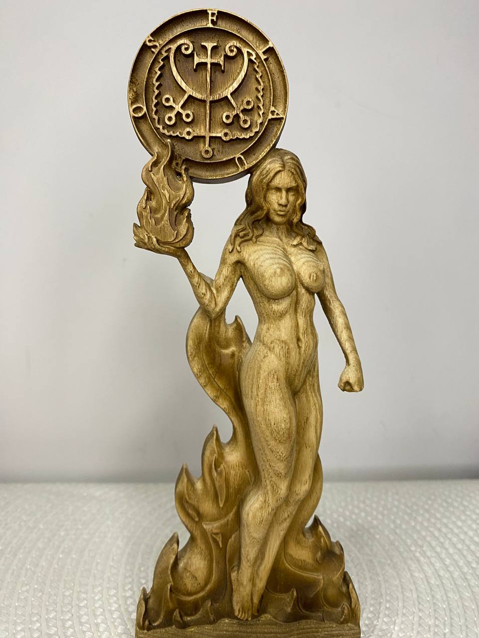 Flauros Wooden Demon Statue with Sigil – Ars Goetia Occult Sculpture Gothic Altar Decor