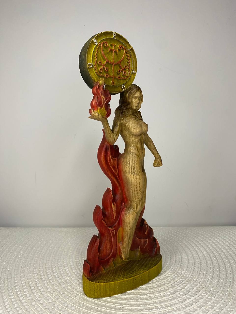 Flauros Wooden Demon Statue with Sigil – Ars Goetia Occult Sculpture Gothic Altar Decor