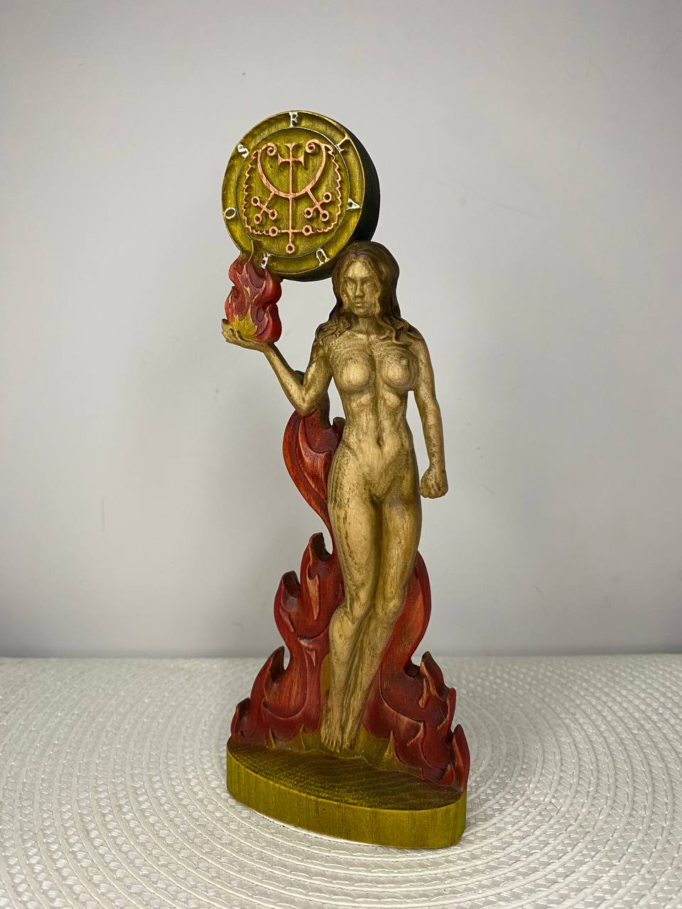Flauros Wooden Demon Statue with Sigil – Ars Goetia Occult Sculpture Gothic Altar Decor