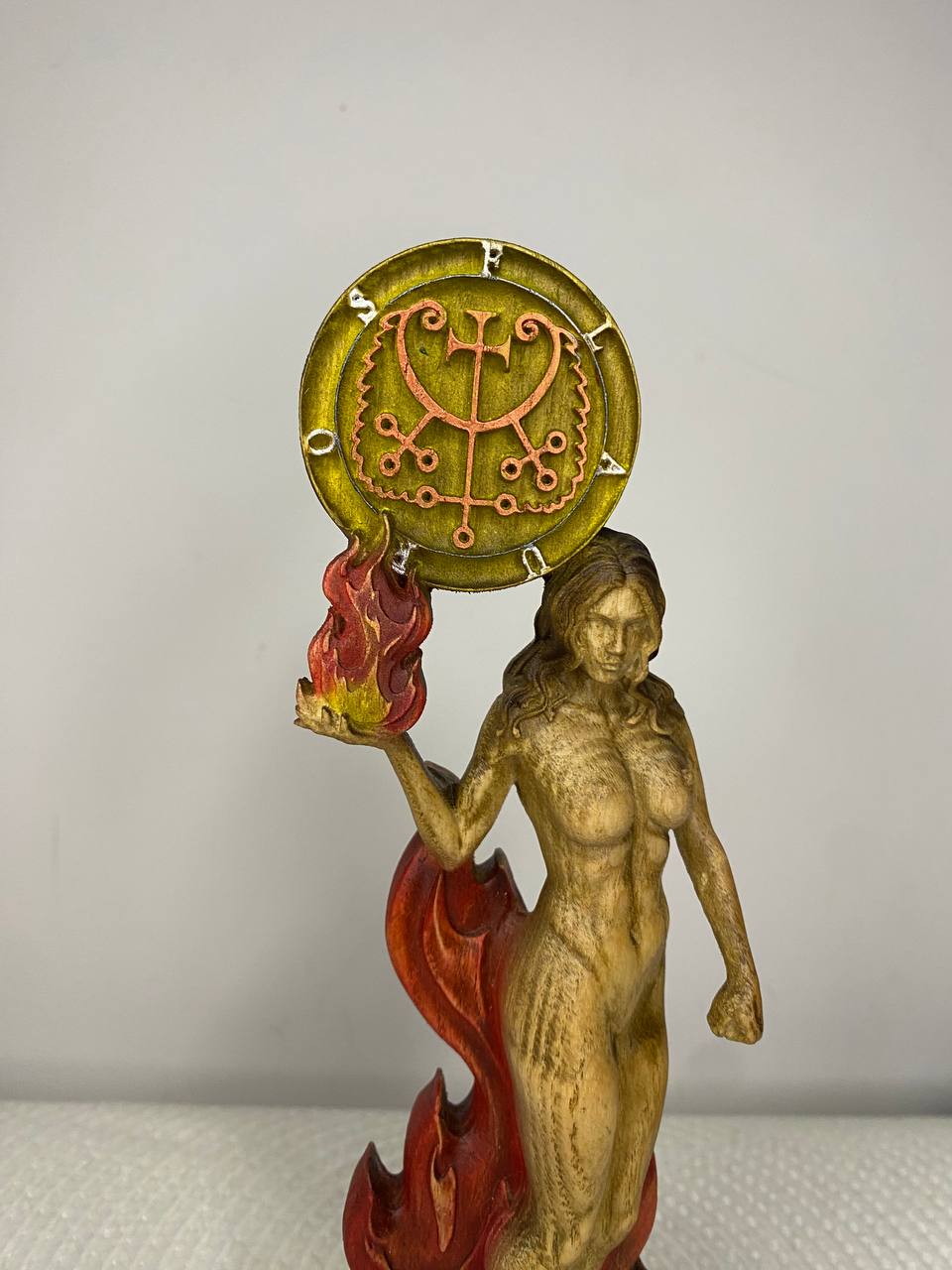 Flauros Wooden Demon Statue with Sigil – Ars Goetia Occult Sculpture Gothic Altar Decor