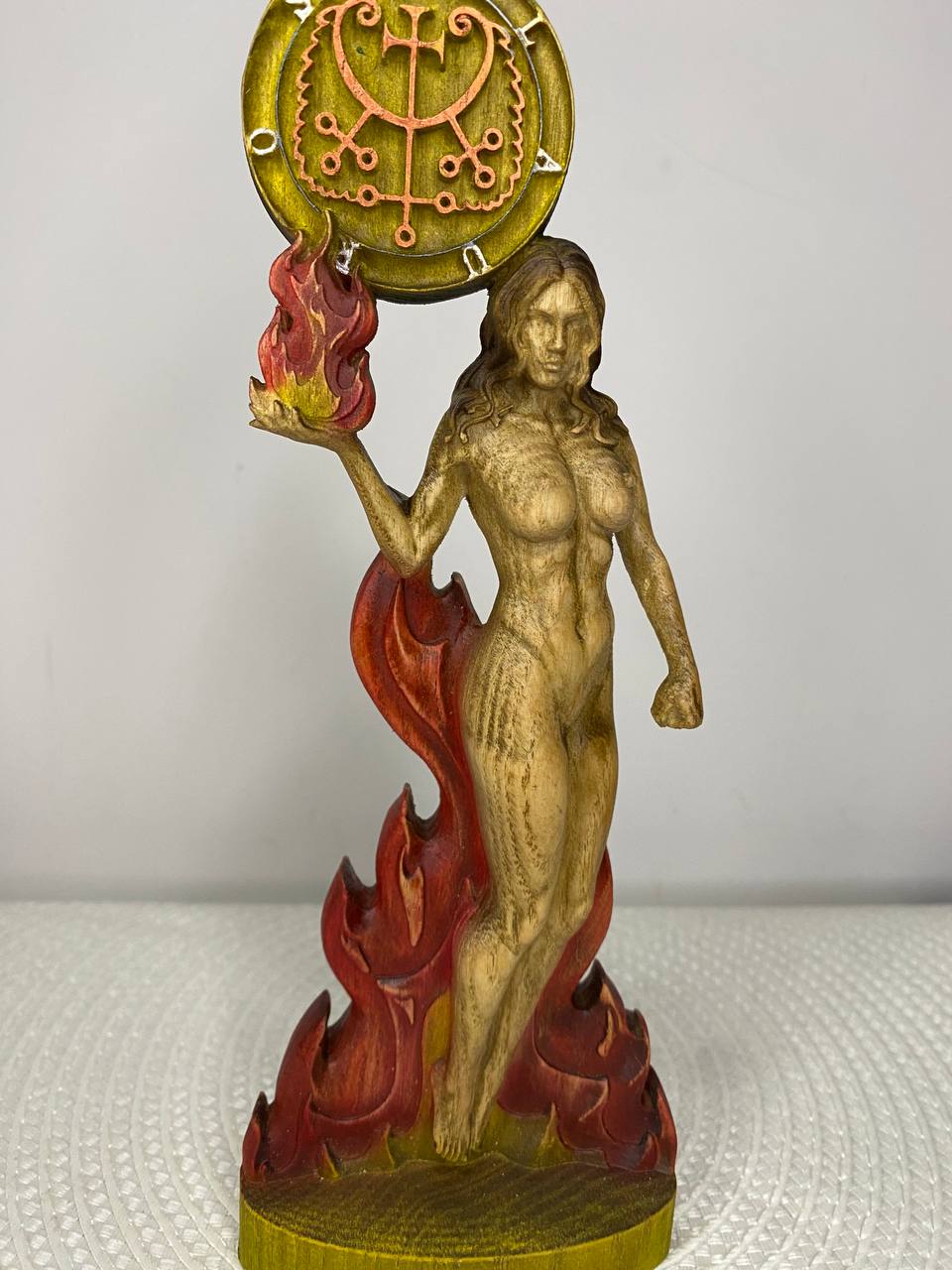 Flauros Wooden Demon Statue with Sigil – Ars Goetia Occult Sculpture Gothic Altar Decor
