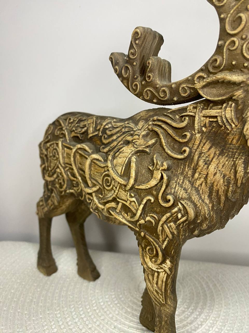 Celtic Moose & Caribou Statue | Hand-Carved Ash Wood Antlered King | Celtic Knotwork Art