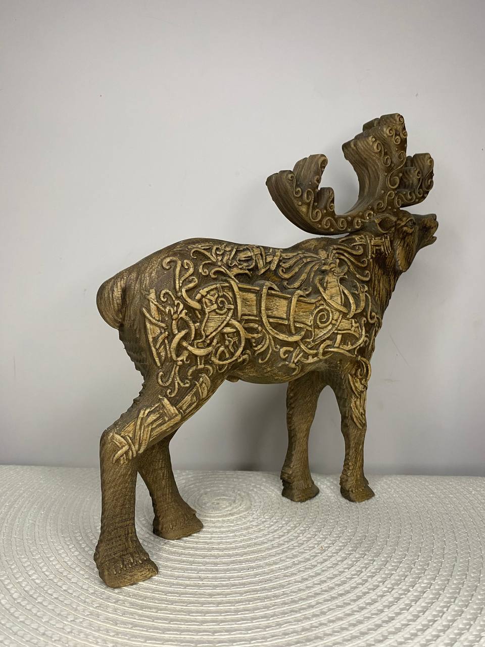 Celtic Moose & Caribou Statue | Hand-Carved Ash Wood Antlered King | Celtic Knotwork Art