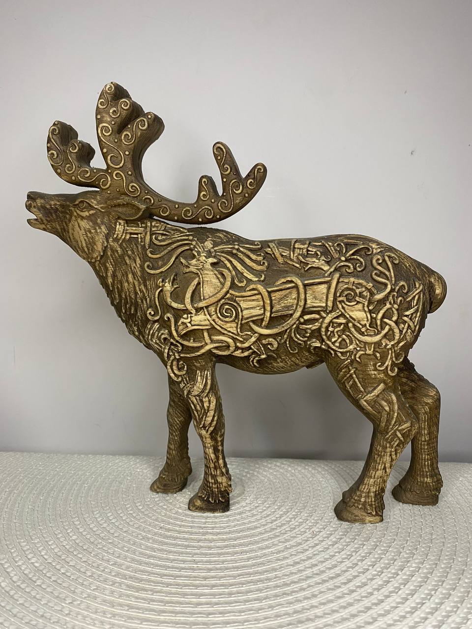 Celtic Moose & Caribou Statue | Hand-Carved Ash Wood Antlered King | Celtic Knotwork Art