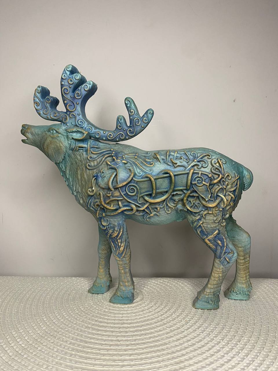 Celtic Moose & Caribou Statue | Hand-Carved Ash Wood Antlered King | Celtic Knotwork Art
