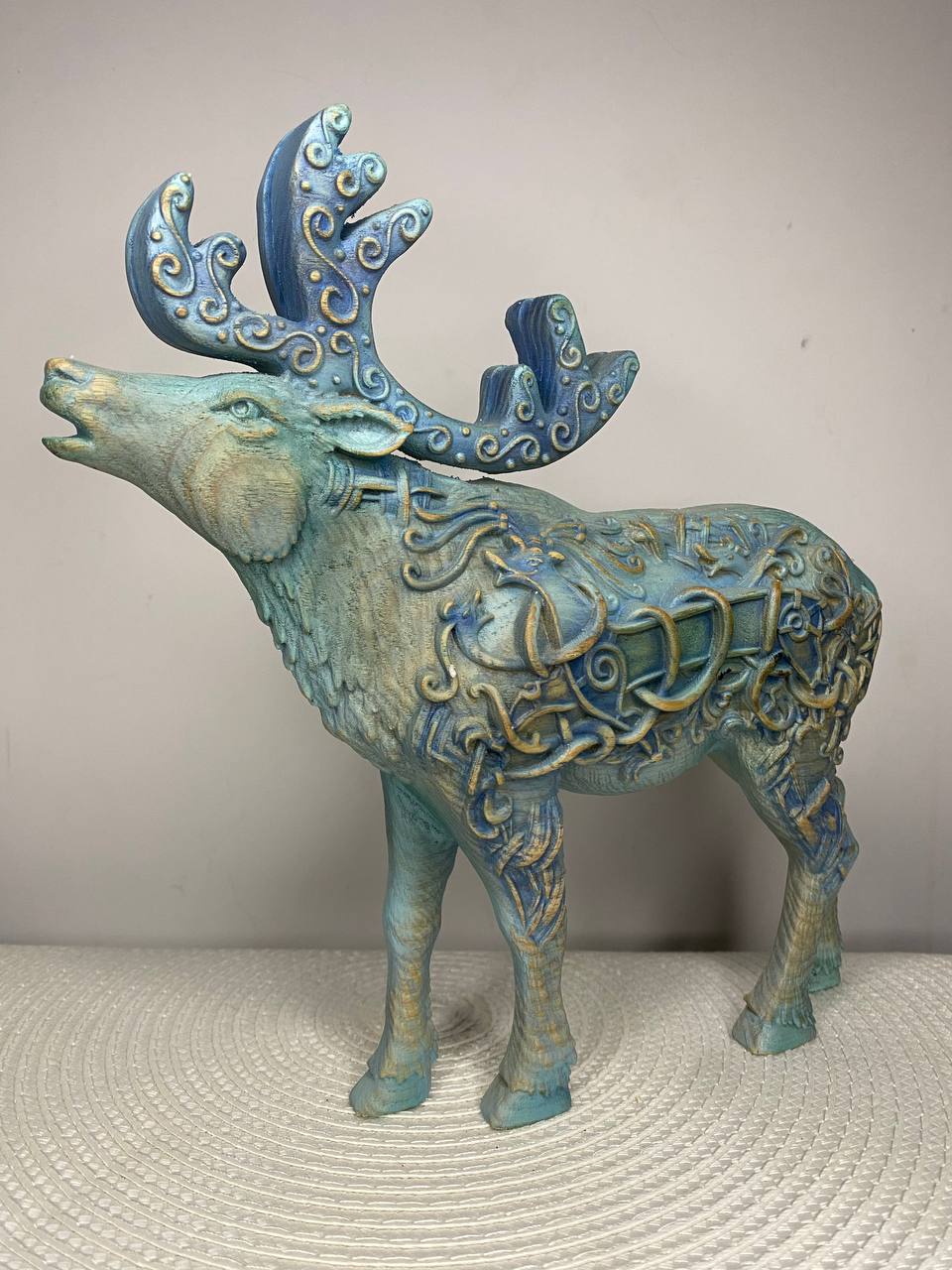 Celtic Moose & Caribou Statue | Hand-Carved Ash Wood Antlered King | Celtic Knotwork Art