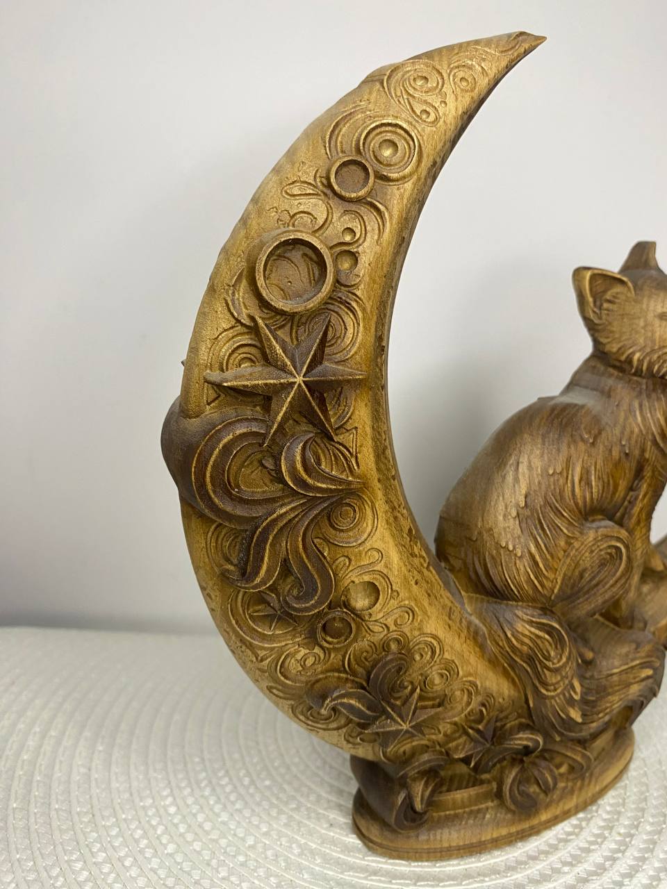 Moon Cat Wooden Statue | Hand-Carved Ash Wood | Luna Cat Totem Figurine