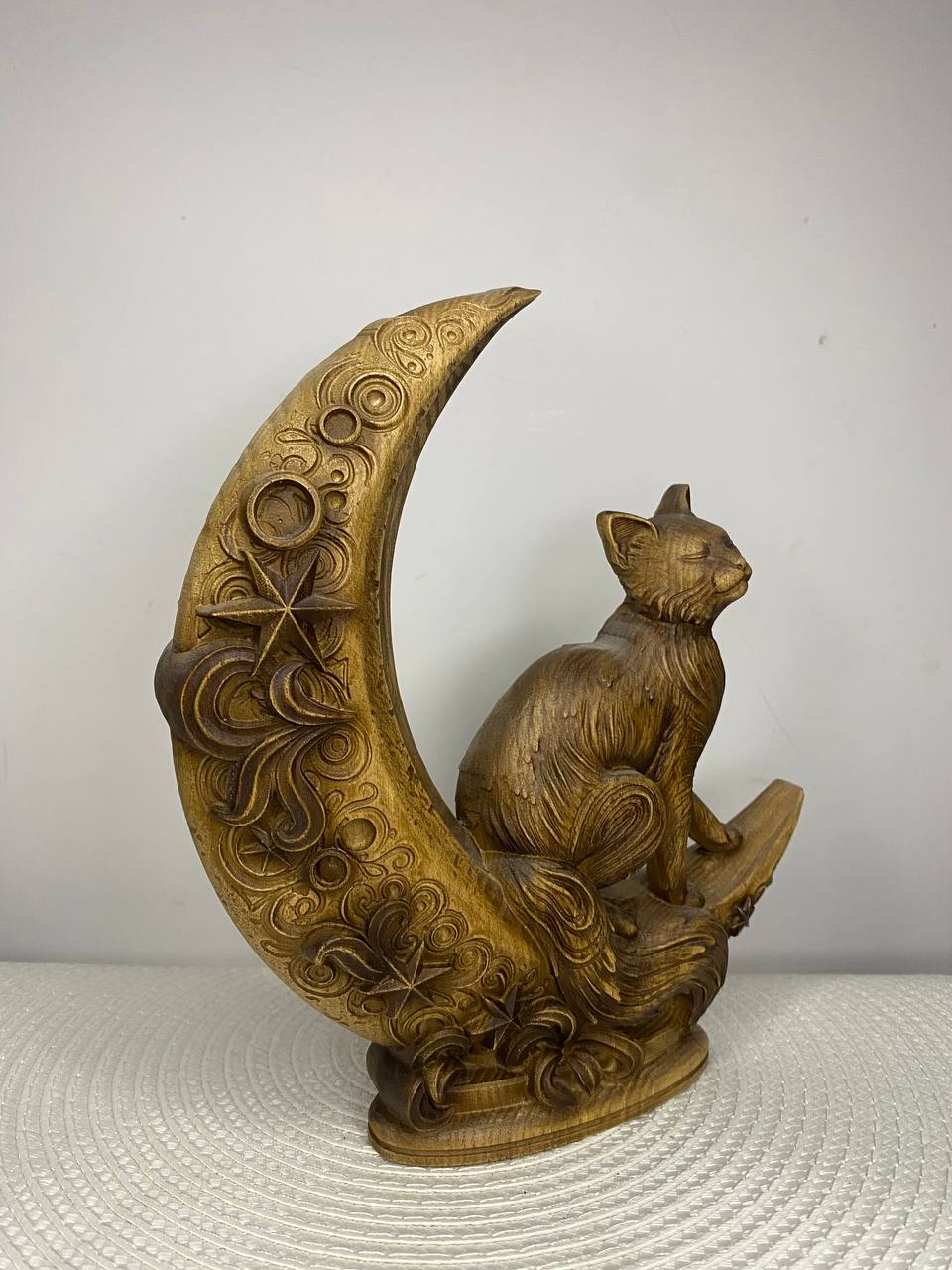 Moon Cat Wooden Statue | Hand-Carved Ash Wood | Luna Cat Totem Figurine