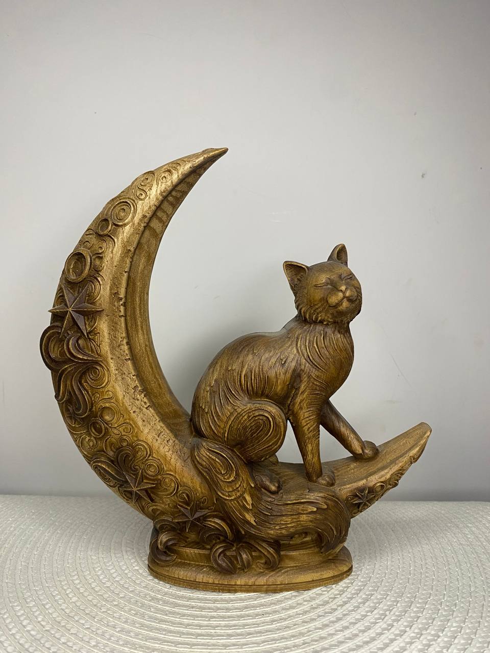 Moon Cat Wooden Statue | Hand-Carved Ash Wood | Luna Cat Totem Figurine