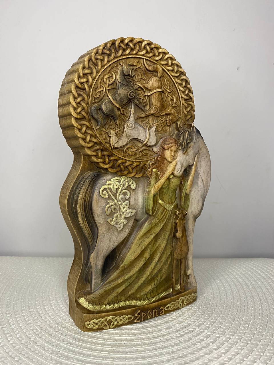 Epona Statue – Hand-Carved Celtic Horse Goddess in Ash Wood