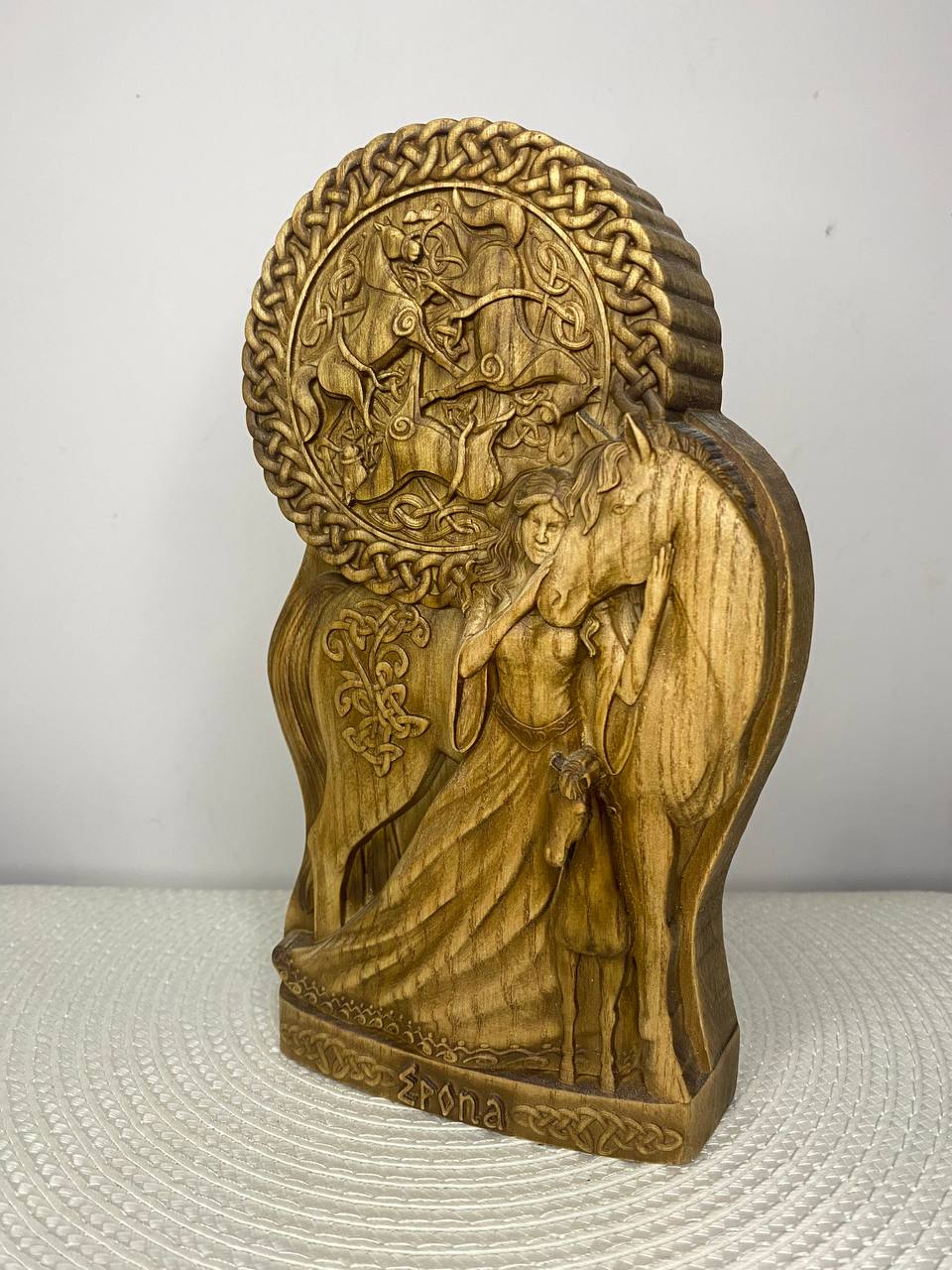 Epona Statue – Hand-Carved Celtic Horse Goddess in Ash Wood