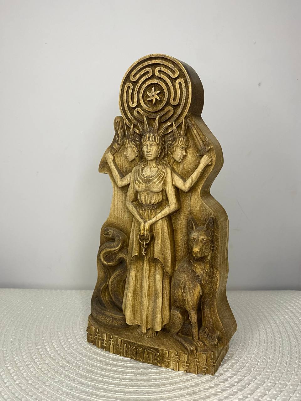 Triple Hecate Statue – Hand-Carved Ash Wood Greek Goddess
