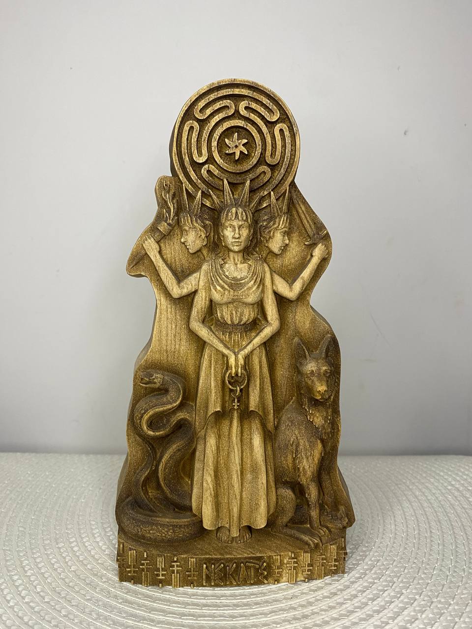 Triple Hecate Statue – Hand-Carved Ash Wood Greek Goddess