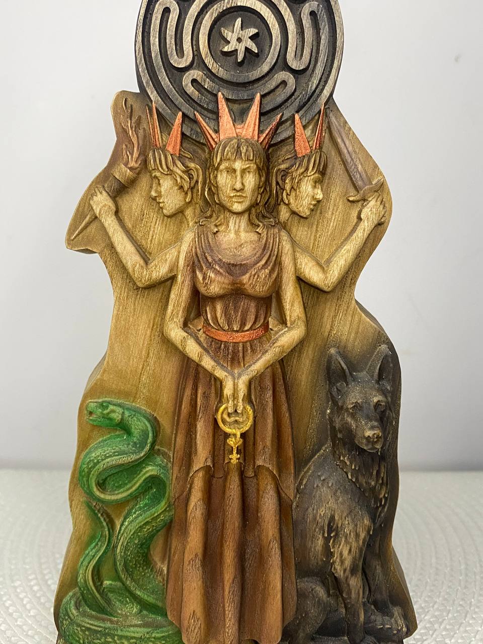 Triple Hecate Statue – Hand-Carved Ash Wood Greek Goddess