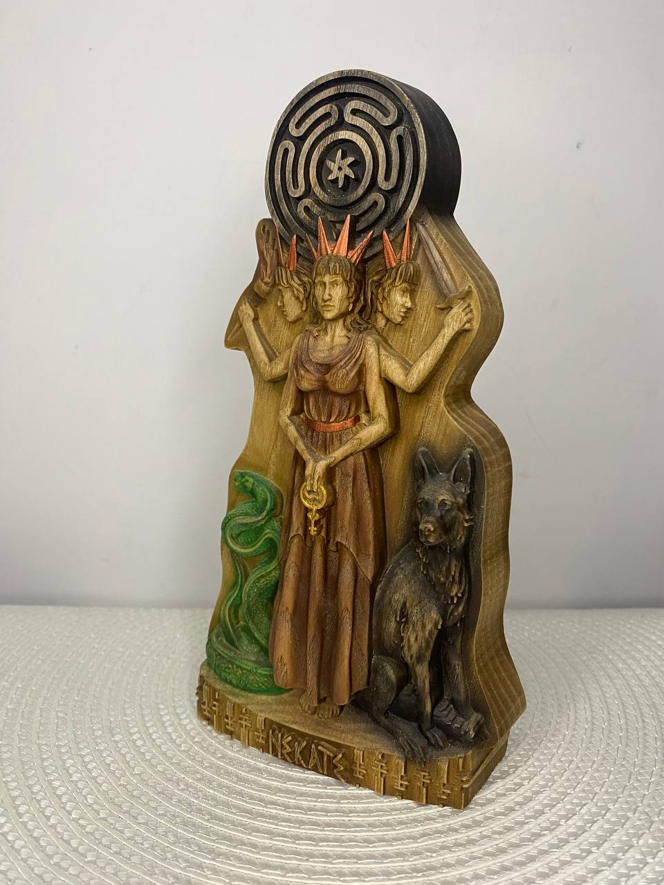 Triple Hecate Statue – Hand-Carved Ash Wood Greek Goddess