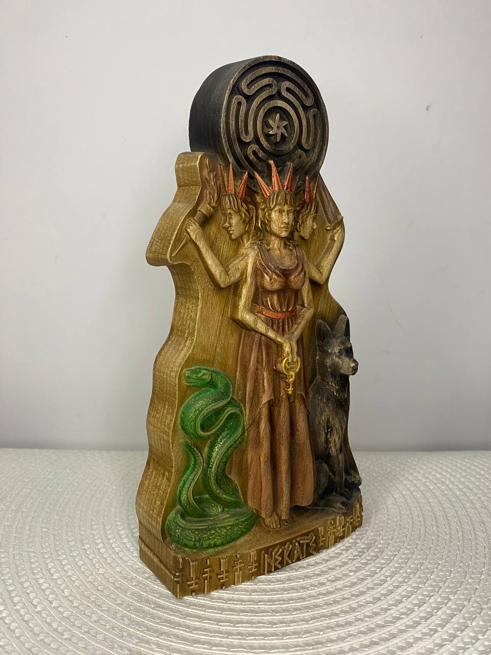 Triple Hecate Statue – Hand-Carved Ash Wood Greek Goddess