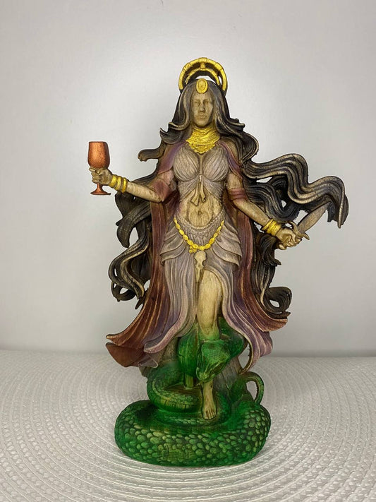 Hand-painted wooden statue of Lamia, Greek serpent goddess with snake tail, chalice, and flowing dark hair, inspired by mythology, dark feminine symbolism, and mystical pagan decor.
