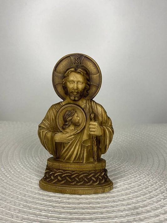 Hand-carved wooden mini statue of Saint Jude Thaddeus holding a medallion of Christ, Catholic religious decor symbolizing faith, hope, miracles, protection, and spiritual guidance.

