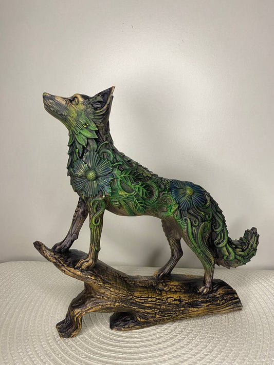 Floral Carved Wooden Fox Statue Woodland Decor Forest Animal Rustic Home Totem Spirit