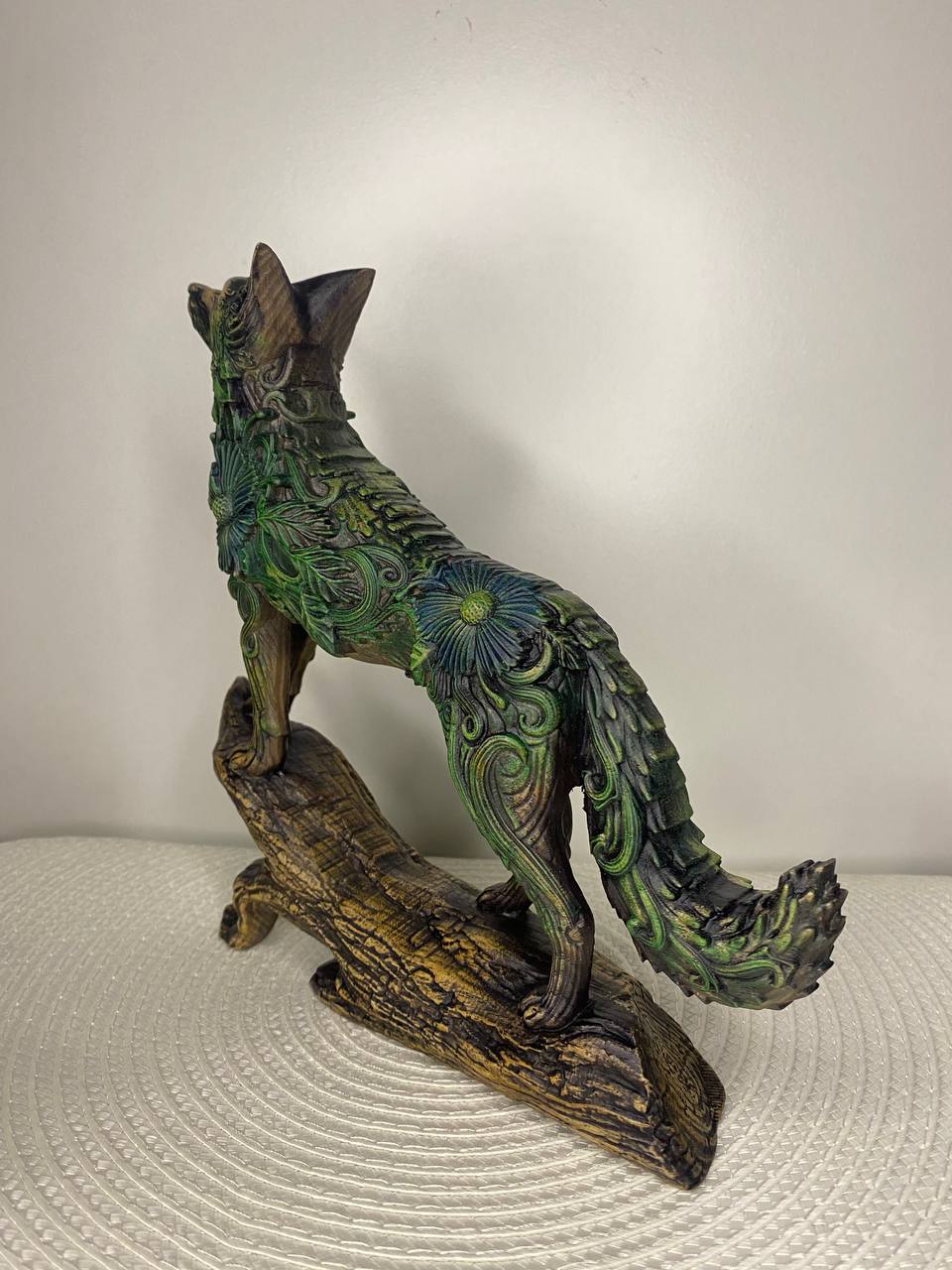 Floral Carved Wooden Fox Statue Woodland Decor Forest Animal Rustic Home Totem Spirit