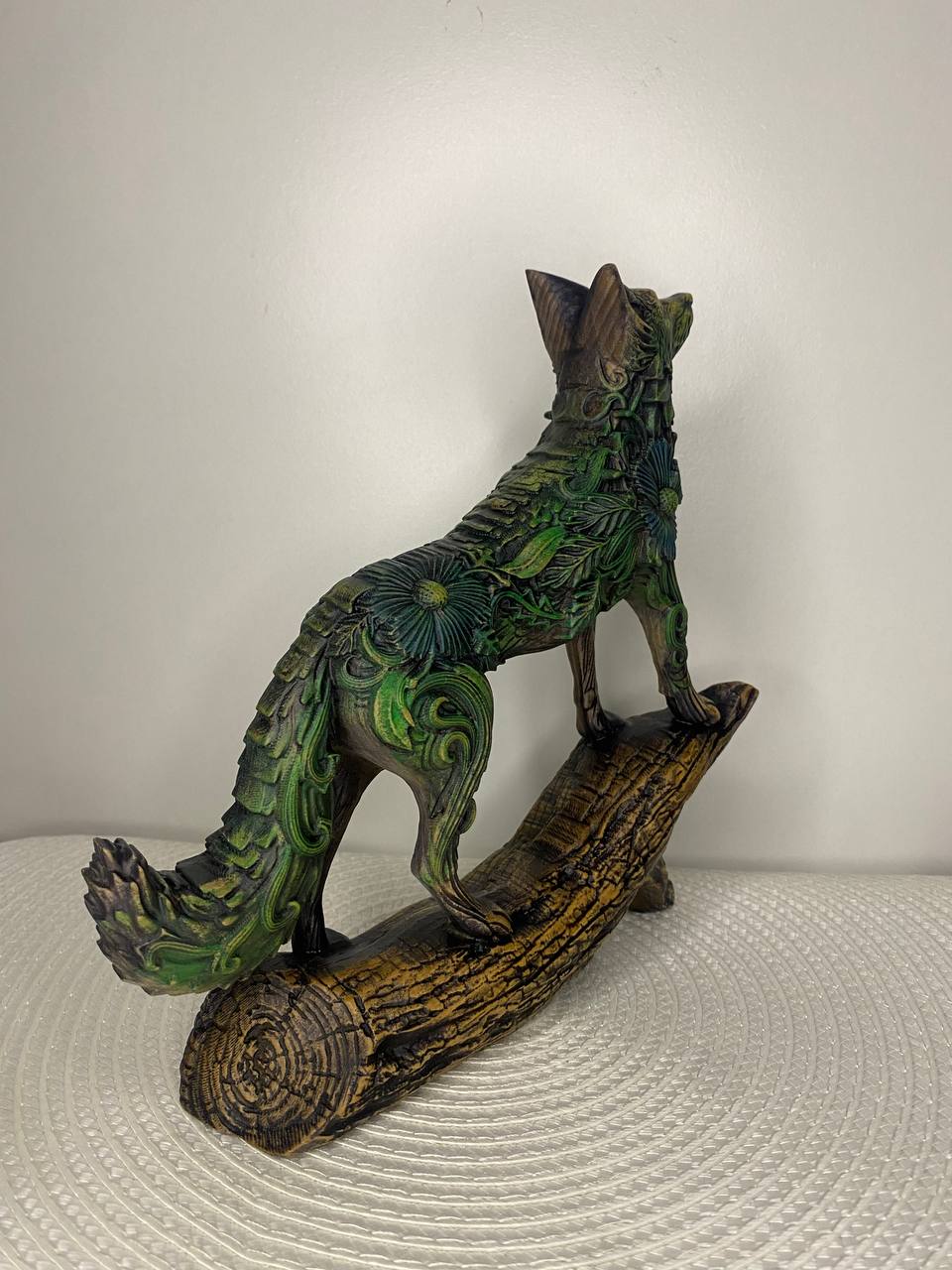 Floral Carved Wooden Fox Statue Woodland Decor Forest Animal Rustic Home Totem Spirit